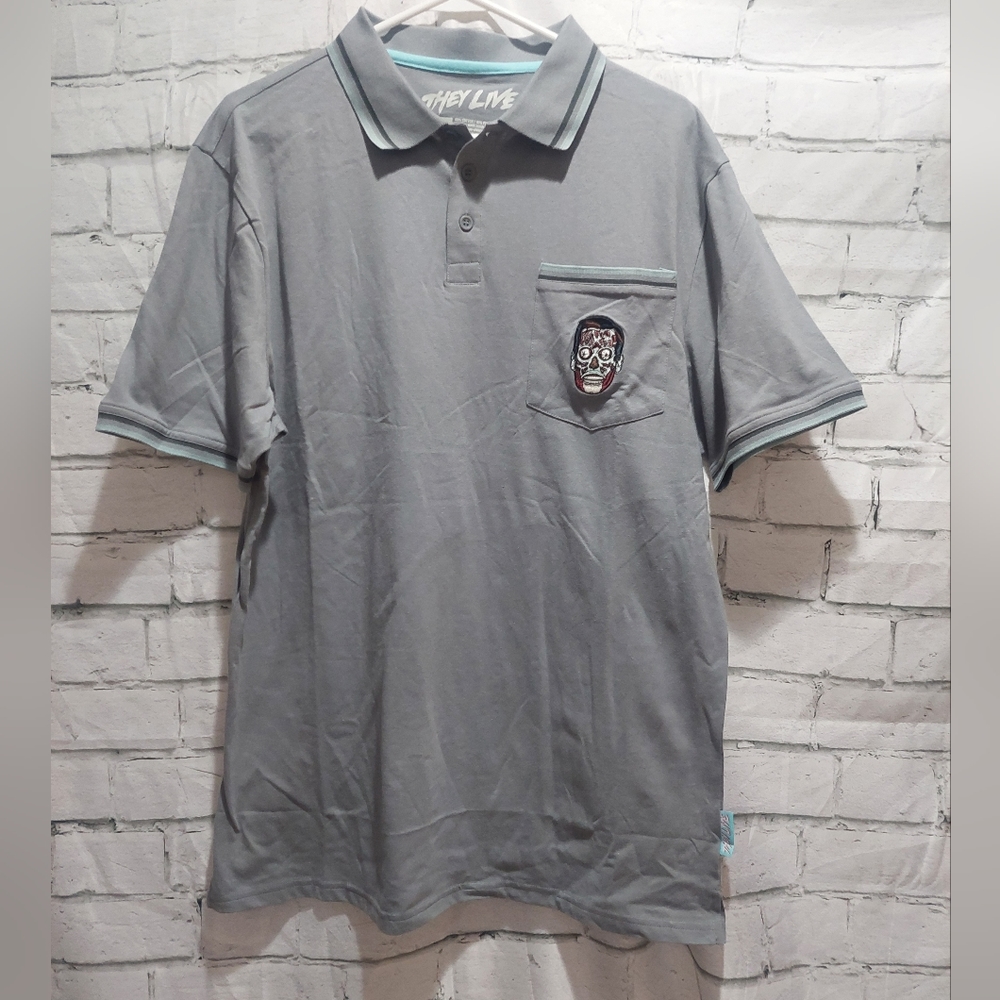 Fright Rags They Live Polo Golf Shirt Gray with Zombie On Pocket Men's 2XL EUC.